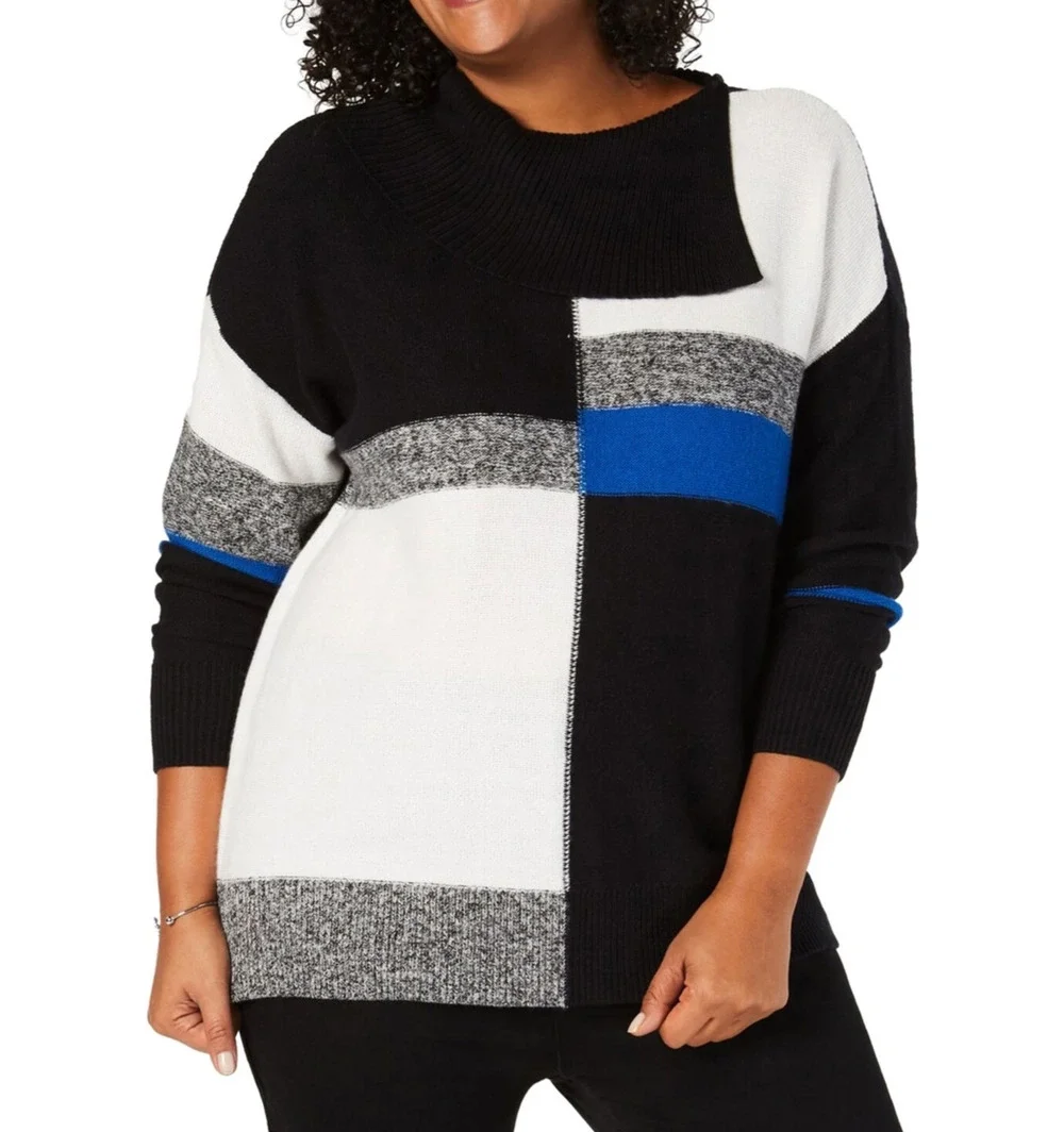 Style & Co Women's Sweater Envelope Neck Colorblock Sea Captain Combo SMALL